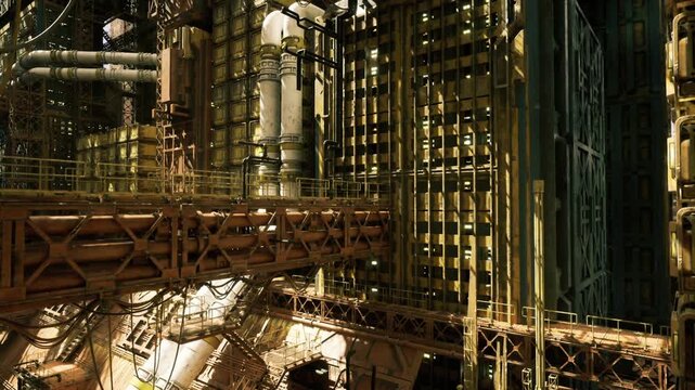 vertical shaft and pipe vista with deep perspective lines, vertical tanks and intricate scaffolding draw eye upward bright highlights and shadow contrast