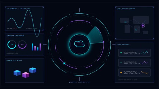Futuristic digital dashboard with cloud computing icons and real-time data visualization analytics in neon blue and purple
