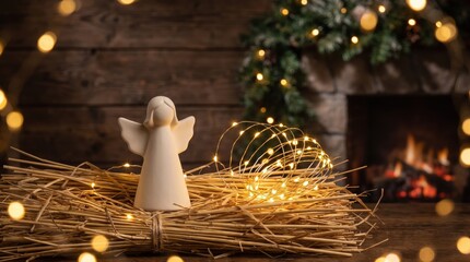 Fototapeta premium minimalist white angel figurine on straw with glowing fairy lights. blurred rustic wooden background with cozy fireplace. christmas winter holiday decoration, greeting card, festive backdrop.