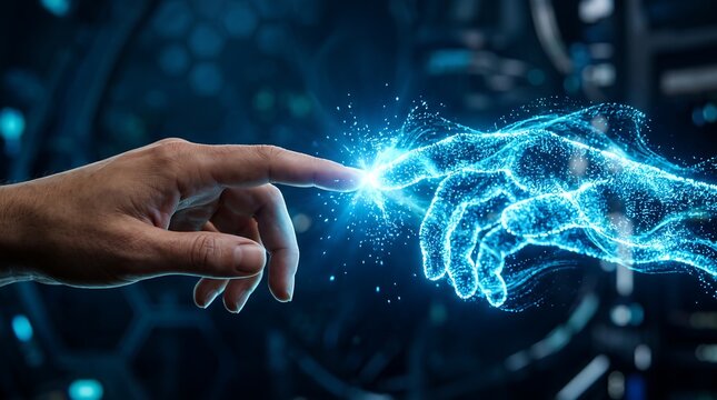 Human Finger Touching A Digital Artificial Intelligence Hand In A Cybernetic Space Concept