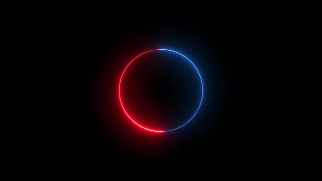 Split red and blue glowing neon circle on black background a circular frame