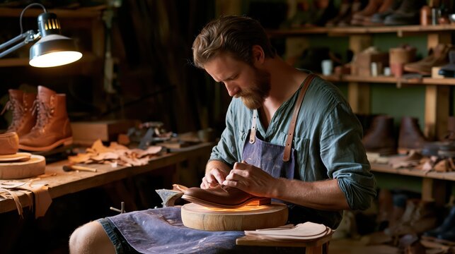 Skilled craftsman meticulously working on a leather boot sole with tools in a rustic workshop illuminated by warm light