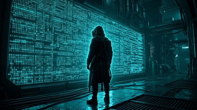 Lone figure in a vast digital matrix, deciphering complex algorithms within a cybernetic network