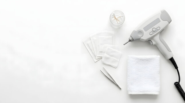 Cosmetology equipment flat lay on white table. Medical aesthetic tools and device for skincare procedures. Copy space for text