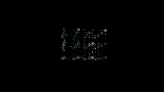 Digital 3D data cube network animation with glowing nodes and connecting lines technology