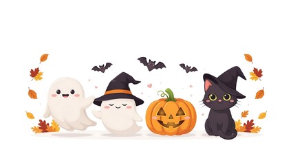 Obraz premium Adorable halloween with ghosts and a cat wearing witch hats surrounded by autumn leaves
