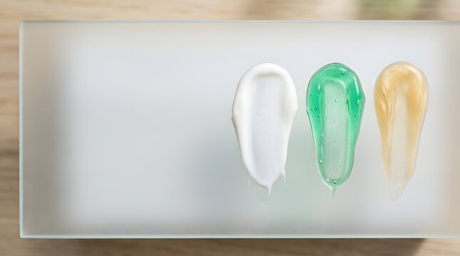 Cosmetic product texture samples on glass plate. Cream gel and lotion smears for cosmetology