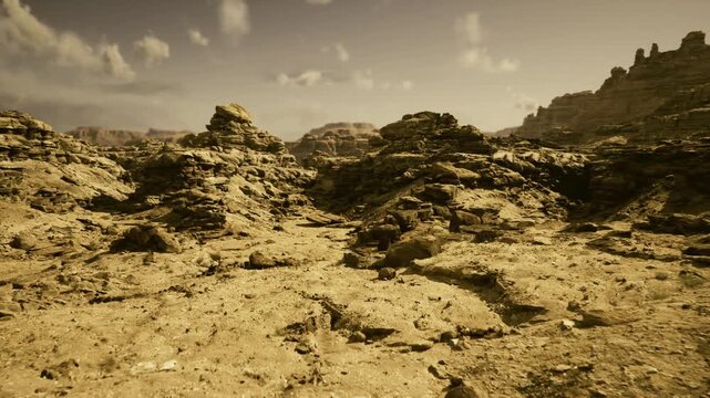 otherworldly rock formations resembling alien terrain under dramatic sky, uncanny silhouettes and martian color palette, cinematic composition tailored