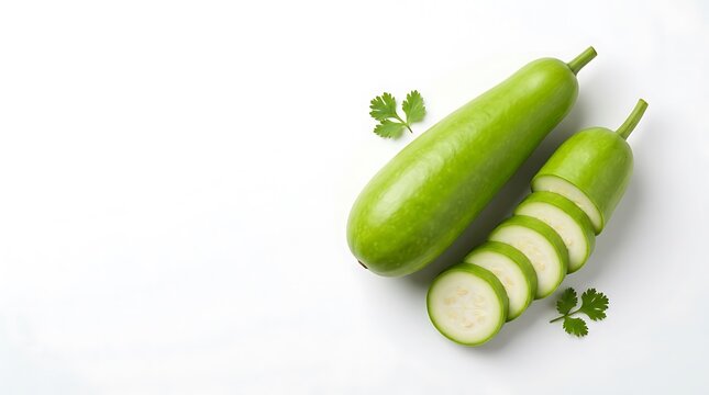 Fresh whole and sliced bottle gourd with cilantro leaves