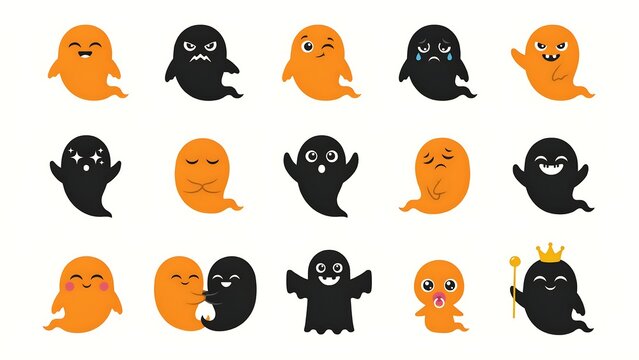 Collection of fifteen cute cartoon ghost characters with various expressions in orange and black colors