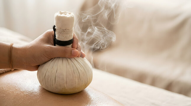 Therapist applying hot herbal compress ball with steam on client back. Traditional thai herbal massage and body care therapy
