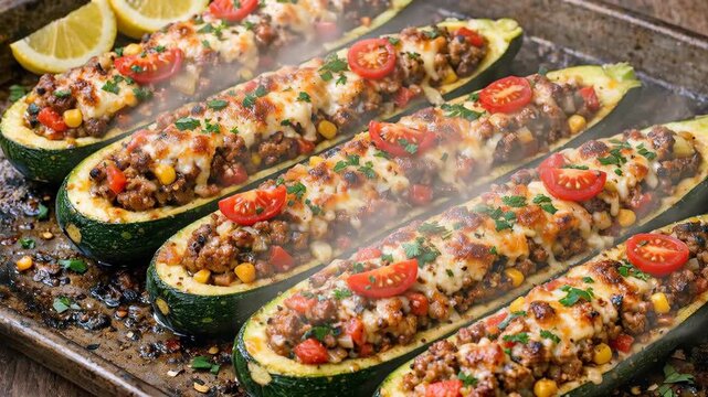 Baked Stuffed Zucchini Boats with Meat and Melted Cheese
