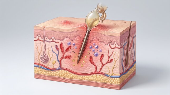 Anatomical section of skin from a tick bite demonstrating the penetration of the proboscis and the secretion of saliva