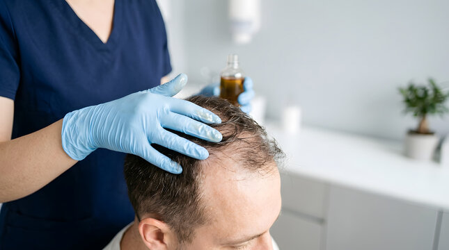 Doctor in gloves applying therapeutic oil to balding male scalp. Trichology hair loss treatment and alopecia care