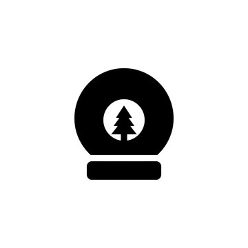 Minimalist black snow globe icon with a pine tree silhouette inside for winter holiday design
