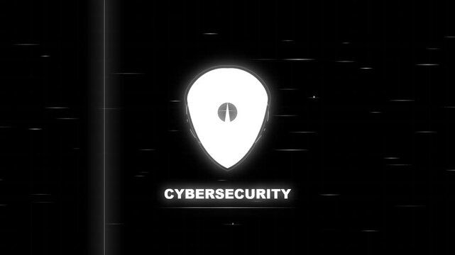 Glowing white cybersecurity shield logo animation with analog glitch effects on black background