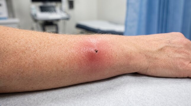 The source of inflammation and the place of penetration of the tick on the skin of the patients hand in the medical office