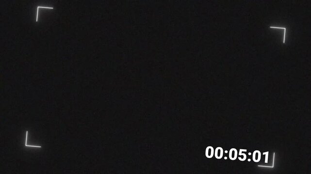 Realistic video recording interface overlay featuring REC indicator, digital timer, frame corner markers and cinematic film grain noise on a dark black background. Retro camcorder, surveillance camera