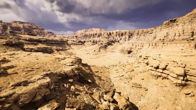 deep ravine carved by erosion with strong shadows and windsculpted textures, narrow channels and rugged boulders, raw natural details for environmental