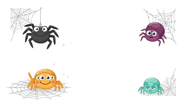 Four cute cartoon spiders with different colors and expressions hanging on spider webs on a white background