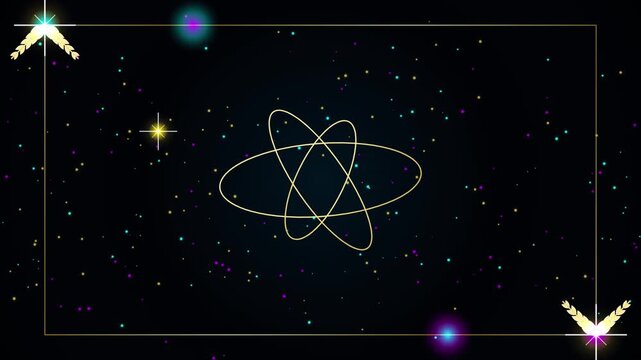 Golden Space Orbits Animation on Dark Background with Glowing Particle Stars and Elegant Frame