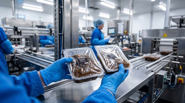 Quality control of packaged ready meals on production line in modern food factory
