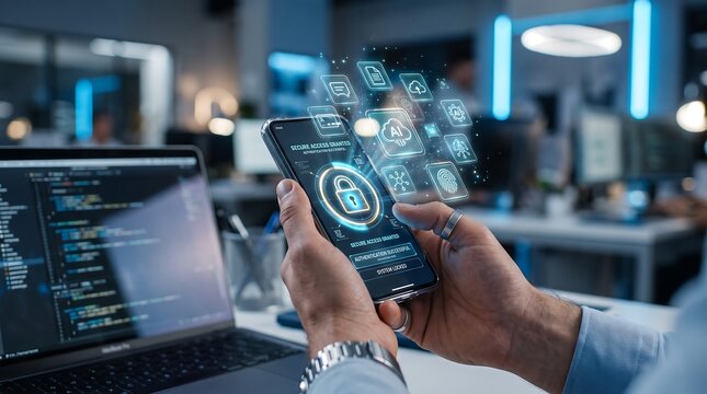 Software Developer Securing Mobile Device with Advanced Cybersecurity Application