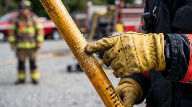 Firefighter in protective gloves inspecting a fiberglass pike pole shaft outdoors