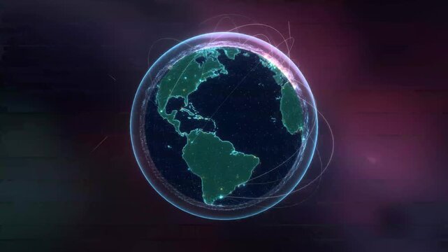 Realistic 3D plexus globe animation featuring interconnected particles and glowing network lines forming a spherical shape. The abstract digital globe represents global communication, connectivity, te