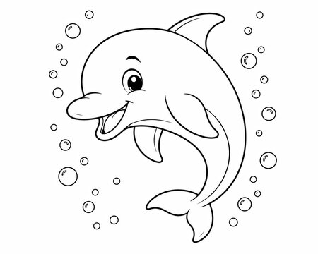 Cute cartoon dolphin line art illustration jumping in the water with many bubbles