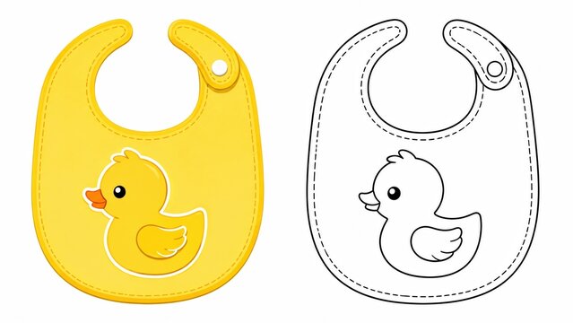 Cute yellow baby bib with a duck print design isolated on a white background