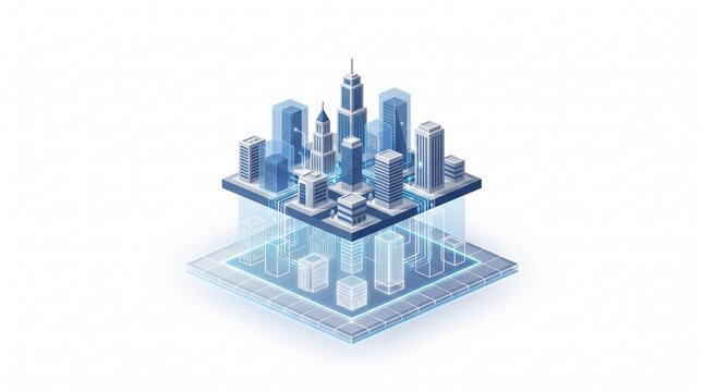 Vector illustration of a futuristic digital twin city where a miniature architectural city floats above a geometric grid, with physical buildings connected to glowing digital counterparts via elegant 
