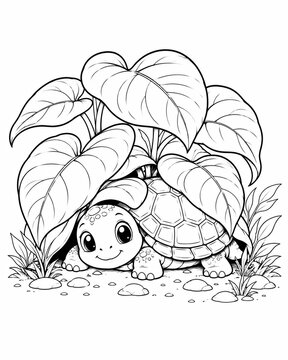 Cute little turtle hiding under big green leaves in a simple black and white drawing