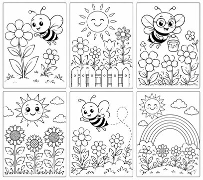 Set of six simple hand drawn bee and flower illustrations for creative design use