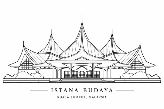Simple line art illustration of a traditional indonesian house with pointed roofs
