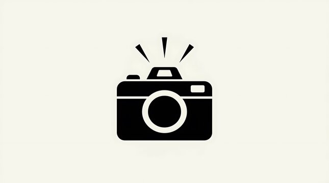 Black silhouette icon of a camera with a flash strobe effect on light background with minimalist black graphic depicts digital camera