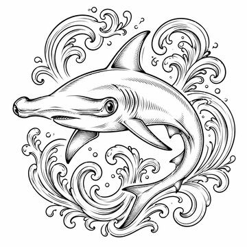 Vintage black and white line art illustration of a hammerhead shark in ocean waves