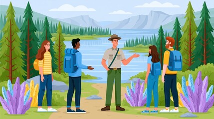 Obraz premium Park ranger guiding tourists in a serene mountain landscape with a calm lake and pine forest during daylight