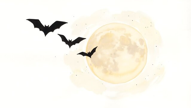 Three black bats flying in front of a large glowing full moon against a plain white background