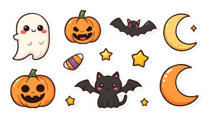 Fototapeta premium Cute Halloween Sticker Bundle with Ghost Pumpkin Bat and Moon