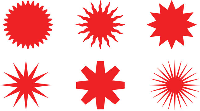 Red Starburst Vector Set: Sale Badge Shapes, Sunburst Icons, and Geometric Star Elements for Price Tags and Promos