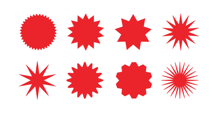 Red Starburst Vector Shape Collection: Blank Sale Badges, Sunburst Icons, and Promotional Sticker Elements for Price Tags
