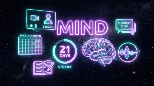 Mental health therapy app holographic MIND icons dark background with 21 day streak, digital wellness technology innovation healthcare concept