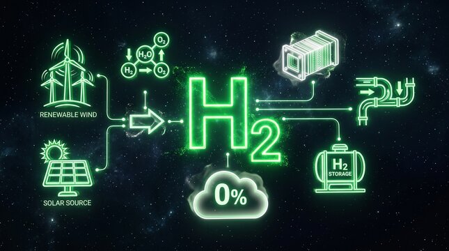 Green hydrogen energy holographic H2 icons dark background with H2 chemical symbol and zero emission percentage, clean energy technology innovation concept