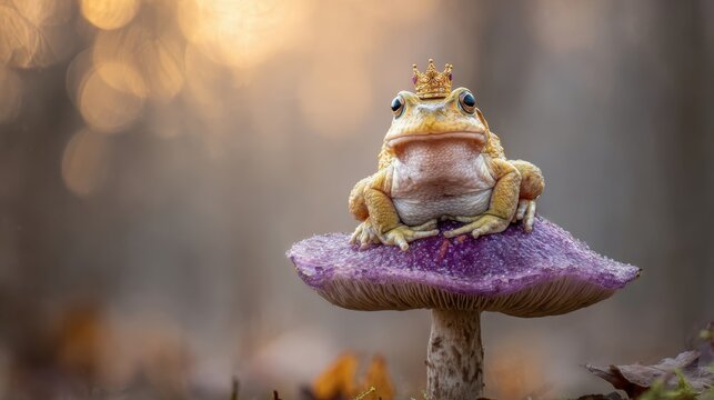 Enchanted frog prince wearing a miniature crown sits majestically atop a vibrant mushroom in a soft forest setting