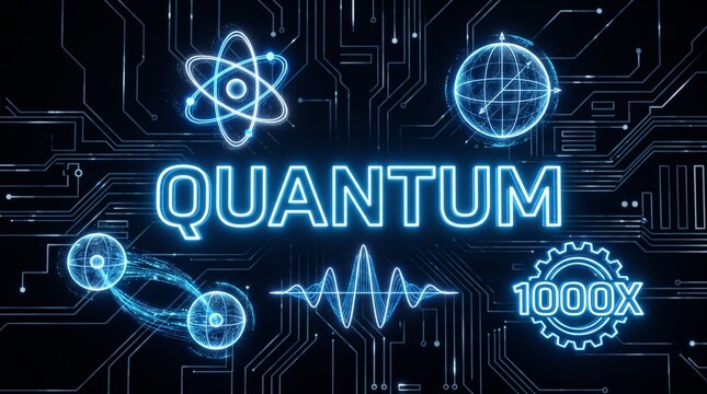 Quantum computing technology holographic icons floating dark background with QUANTUM text and speed multiplier, next generation computing innovation concept