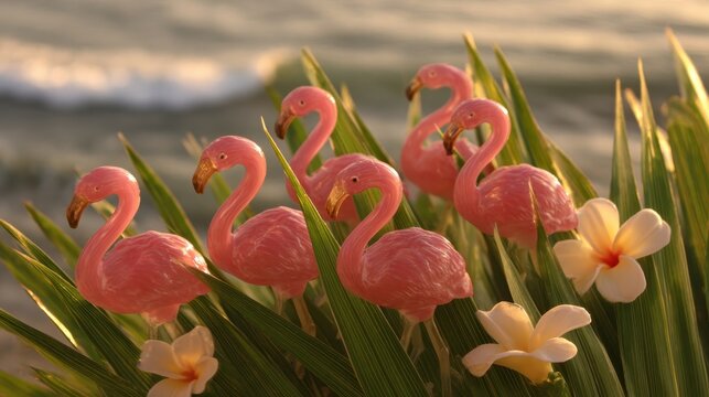 A Flock of Glistening Pink Plastic Flamingo Figurines Arranged Amongst Lush Greenery and Soft Flowers