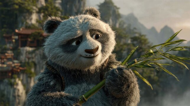 A fluffy panda bear with expressive eyes holding a stalk of green bamboo in a serene natural setting