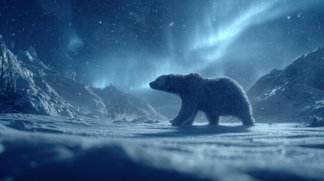 A solitary polar bear traverses a snow-covered arctic landscape under the glow of the aurora borealis at night