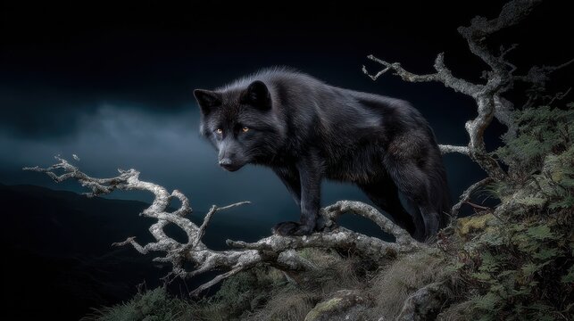 A striking black wolf stands alert amidst dark, moonlit branches of a forest at night, showcasing its wild and primal nature.